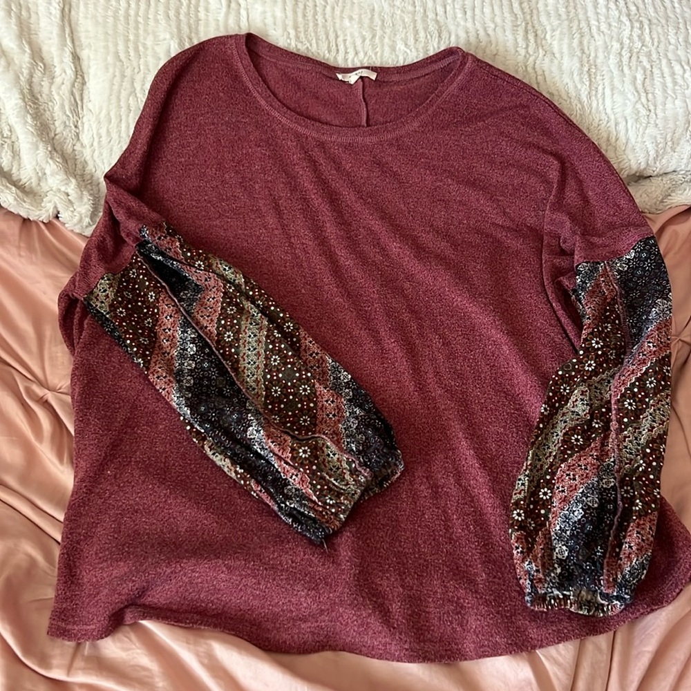 Purple shirt with flower sleeves, lose fitting, size L, sleeves are scrunched